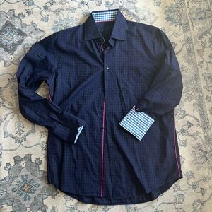 EUC Arnold Zimberg Navy and Gray Checked Shirt with Gingham Cuffs/Collar -Size L